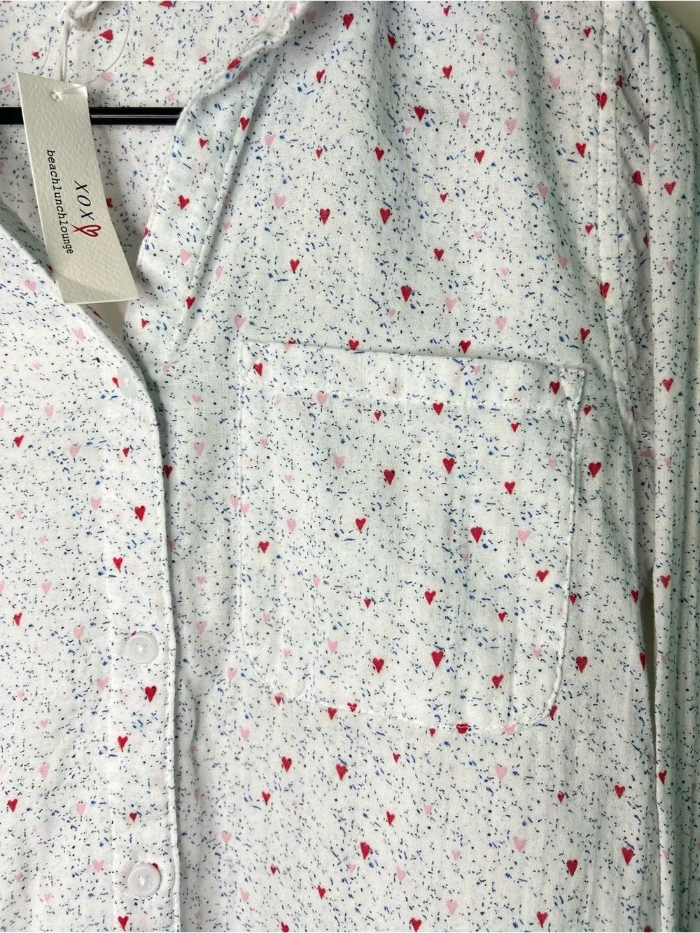 beachlunchlounge Button-Up Shirt with heart print and blue spots 100% cotton XSP